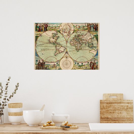 Oude Antiek  Algemene Kaart van de Wereld Poster (Keuken)