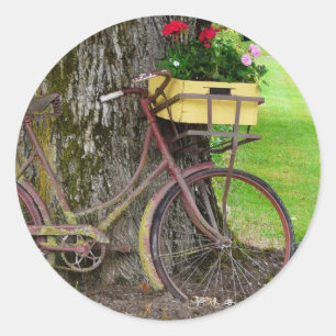 Oude Antiek Fiets met Bloemenmand Ronde Sticker
