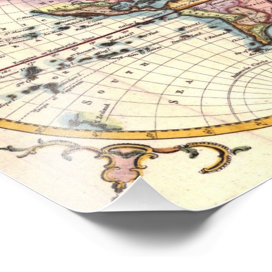 Oude  Antiek illustratie wereldkaart tekening Foto Afdruk (Hoek)