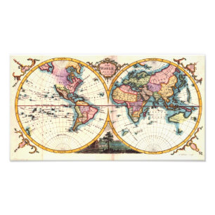 Oude  Antiek illustratie wereldkaart tekening Foto Afdruk