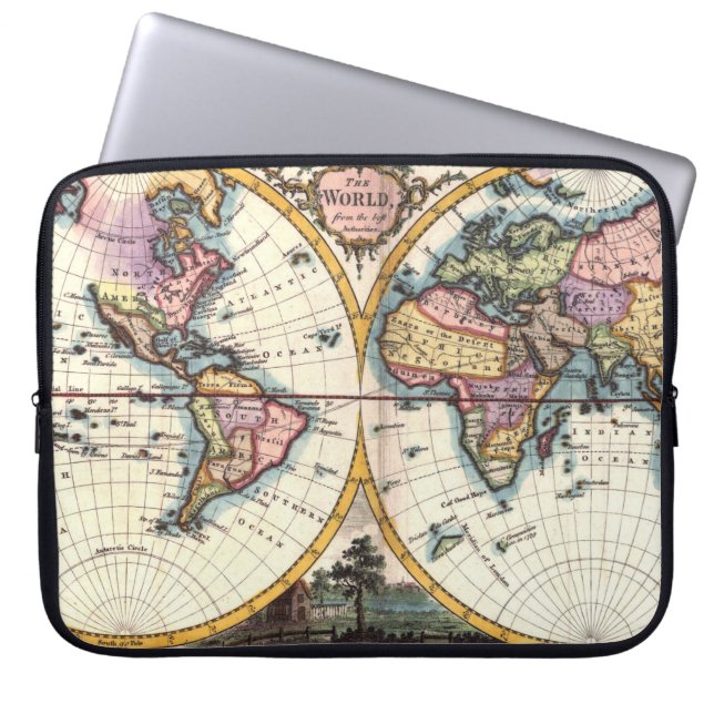 Oude  Antiek illustratie wereldkaart tekening Laptop Sleeve (Voorkant)