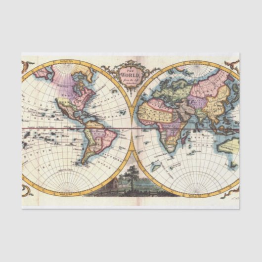 Oude  Antiek illustratie wereldkaart tekening Tissuepapier (Voorkant)