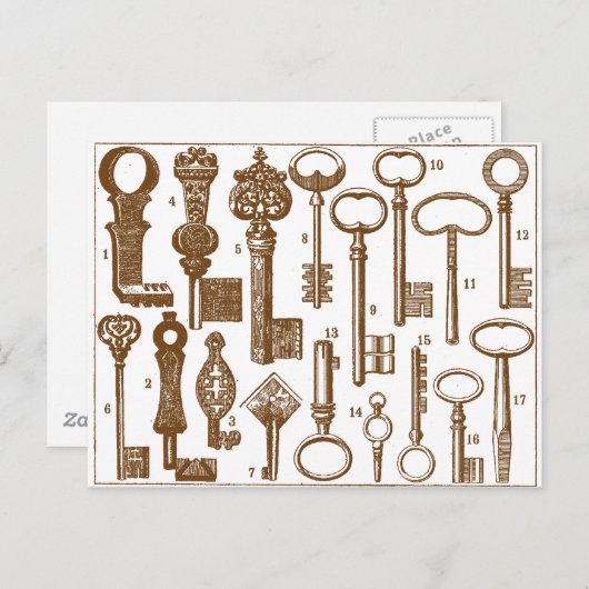  Oude Antiek sleutelset met fashioned Briefkaart (Voorkant / Achterkant)