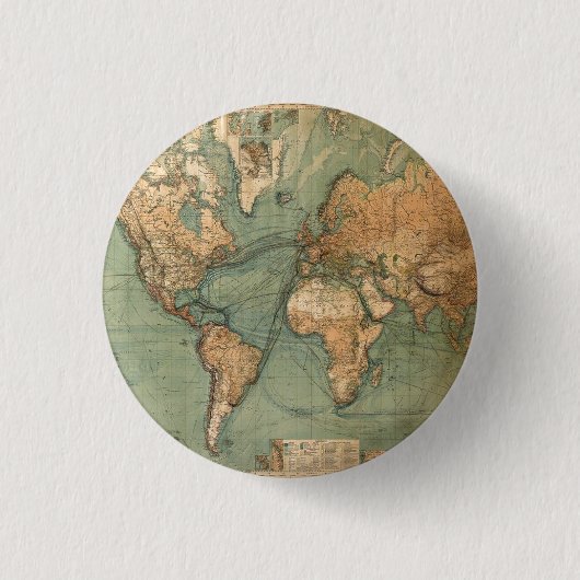 Oude Antiek Wereldkaart Ronde Button 3,2 Cm (Voorkant)