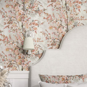 Oude appelbloesemboom met vogels behang