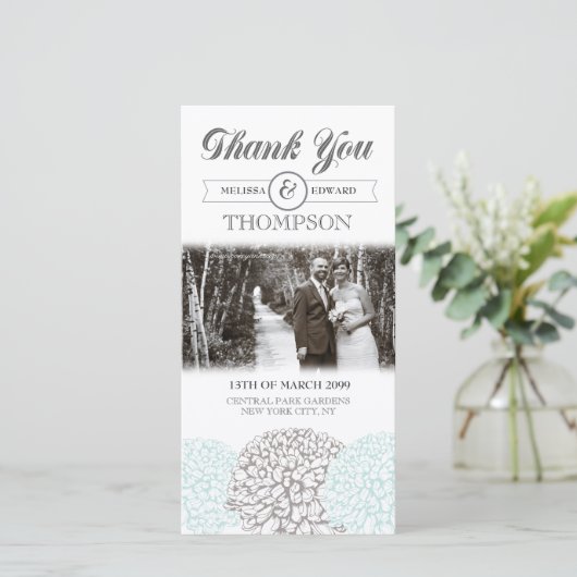Oude Aqua Bloemen Dank je Trouwfotokaart Bedankkaart (Staand voorkant)