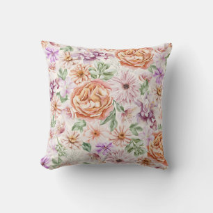 Oude Aquarel Abrikozenroos en Paarse Bloemen Kussen