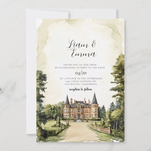 Oude Aquarel Engelse Landhuis Bruiloft Kaart (Voorkant)