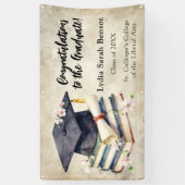 Oude Aquarel Gestapelde Boeken Bloemrijke Afstuder Spandoek (Verticaal)