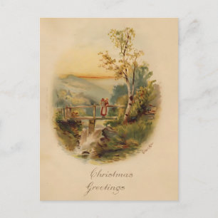 Oude aquarel Kerstmis Berkenboom & Brug Briefkaart