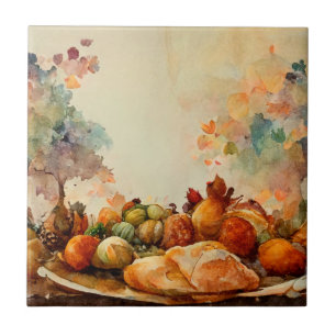 Oude aquarel rustieke oranje pompoenen kalkoen tegeltje