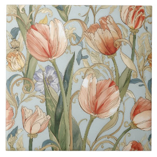 Oude aquarel tulp bloemen, perzik, blauw tegeltje