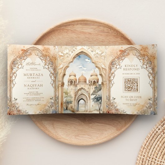 Oude Arabische Paleisboog QR-code Moslim Bruiloft Drieluik Uitnodiging