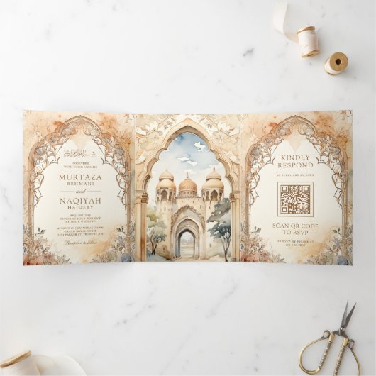 Oude Arabische Paleisboog QR Code Moslim Huwelijk Drieluik Uitnodiging (Binnen)