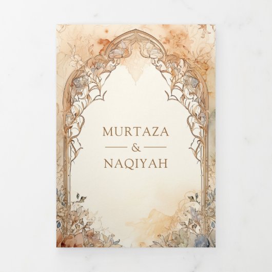 Oude Arabische Paleisboog QR Code Moslim Huwelijk Drieluik Uitnodiging (Cover)