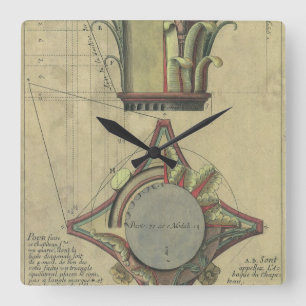 Oude architectuur, decoratieve hoofdletterkroon vierkante klok