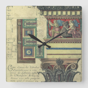 Oude architectuur, zuil met kroonlijstlijsten vierkante klok