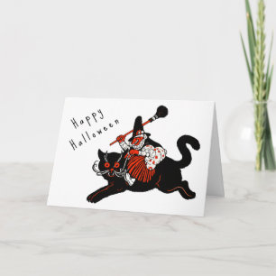 Oude Art Deco Heks Zwarte Kat Halloween uit de jar Kaart