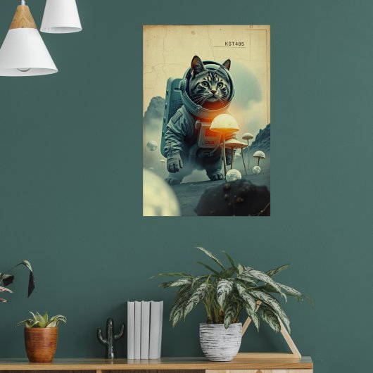 Oude astronaut kat sciencefiction-ruimte-kunstpost poster (Woonkamer 1)