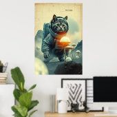 Oude astronaut kat sciencefiction-ruimte-kunstpost poster (Thuiskantoor)