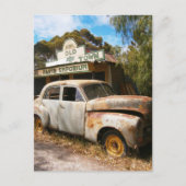 Oude auto en garage, ansichtkaart briefkaart (Voorkant)