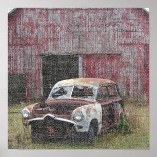 Oude auto en oude Barn Poster