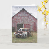 Oude Auto en Oude Schuur, Verjaardag Kaart (Gele Bloem)
