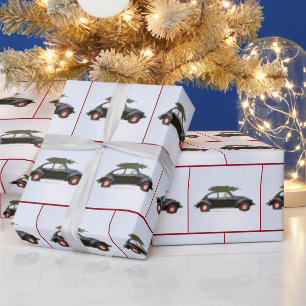 Oude auto met kerstboom en hond cadeaupapier