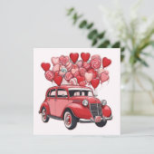 Oude auto met Valentijnsdagballonnen Feestdagenkaart (Staand voorkant)