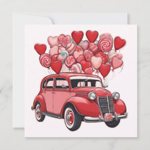 Oude auto met Valentijnsdagballonnen  Feestdagenkaart