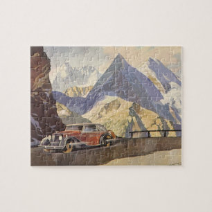 Oude auto op bergweg in de winter met sneeuw legpuzzel