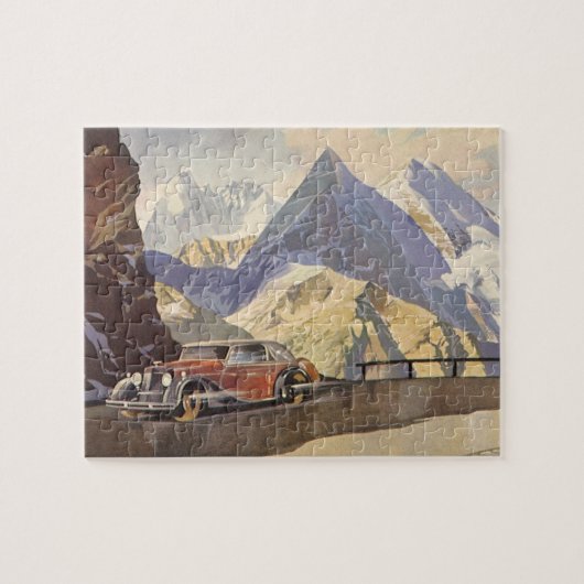 Oude auto op bergweg in de winter met sneeuw legpuzzel (Horizontaal)