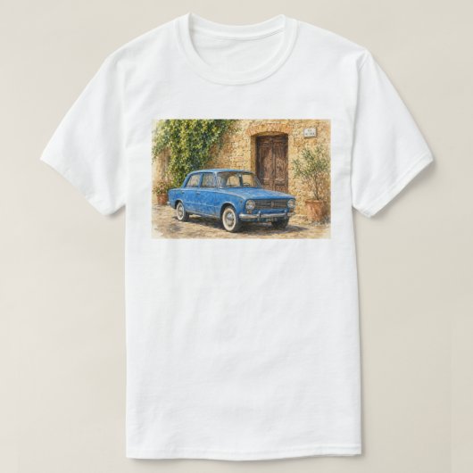 Oude auto op rustieke straat t-shirt (Design voorkant)