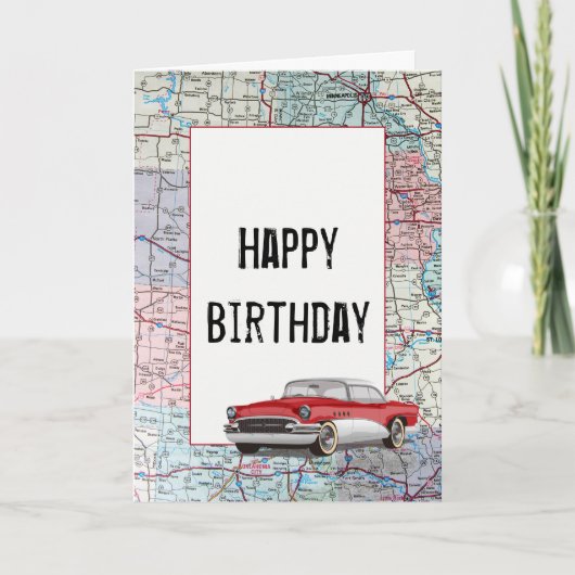 Oude auto op wegenkaart verjaardag kaart (Voorkant)
