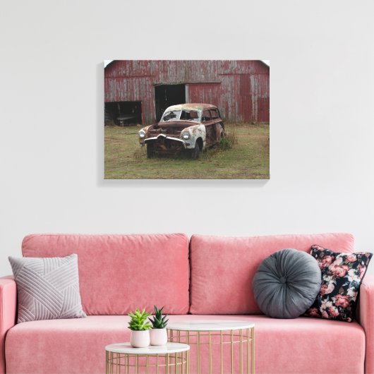 Oude auto, oude Barn Canvas Afdruk (Insitu (Woonkamer))