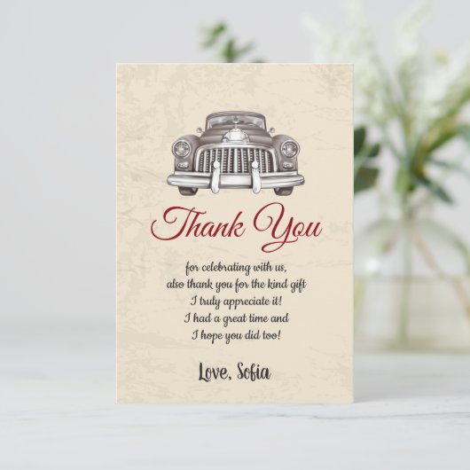 oude auto , verjaardag , baby shower , dank je kaa bedankkaart (Staand voorkant)