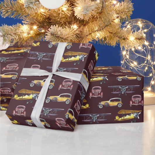 Oude auto's Vliegtuigen Dubbeldekkers Cadeaupapier (Feestdagen)
