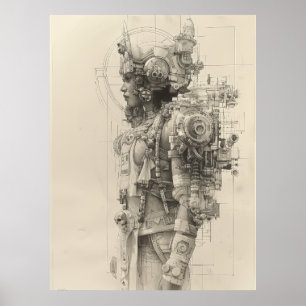 Oude Azteekse Tolteca God Pencil Sketch Poster