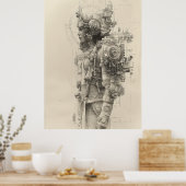 Oude Azteekse Tolteca God Pencil Sketch Poster (Keuken)