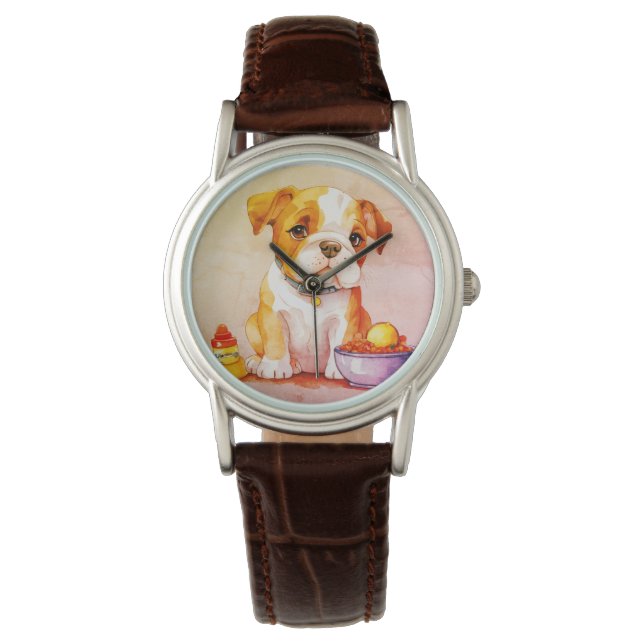 Oude baby buldog zittend en denkend horloge (Voorkant)
