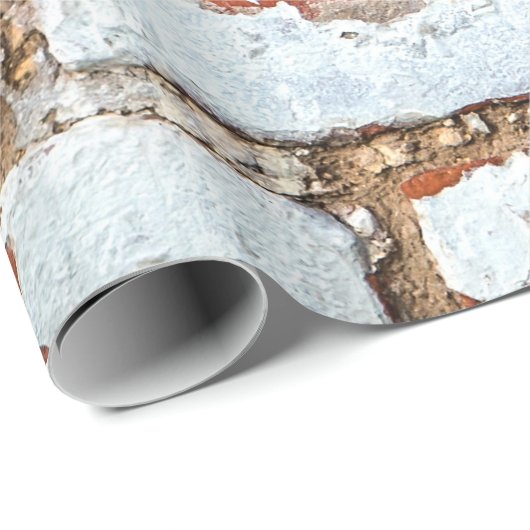 Oude  bakstenen wand met gestrooid wit gipsplaat cadeaupapier (Rol Hoek)