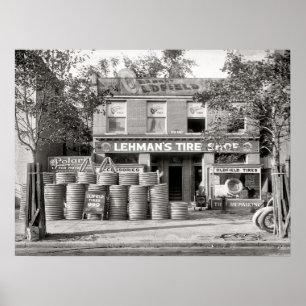 Oude bandenwinkel foto, monteur, aangepast poster