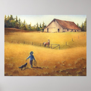 OUDE BARN, APALOOSA, BOY & DOG DOOR SHARON SHARPE POSTER