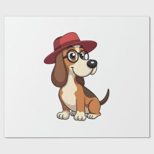Oude Basset Hound Cartoon in Rode Hoed Cute Hond I Cadeaupapier