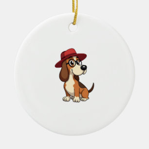 Oude Basset Hound Cartoon in Rode Hoed Cute Hond I Keramisch Ornament