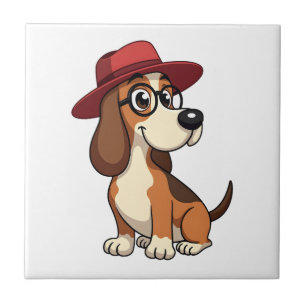 Oude Basset Hound Cartoon in Rode Hoed Cute Hond I Tegeltje