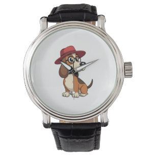Oude Basset Hound Cartoon in Rode Hoed Schattige H Horloge