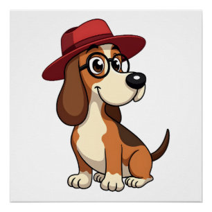 Oude Basset Hound Cartoon in Rode Hoed Schattige H Perfect Poster