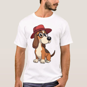 Oude Basset Hound Cartoon in Rode Hoed Schattige H T-shirt