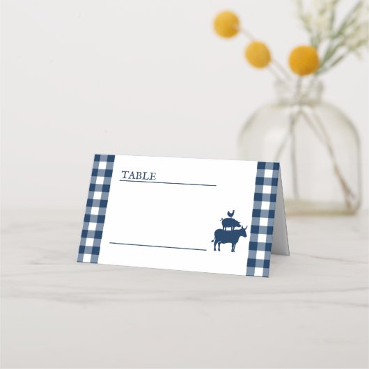 Oude BBQ Navy Blauwe Gingham Huwelijk Plaatskaartje (Voorkant)